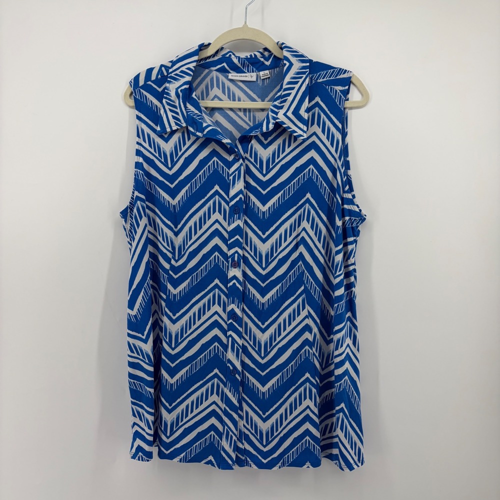 Susan Graver Womens Large Blue Chevron Sleeveless Button Up Blouse Zig Zag Top